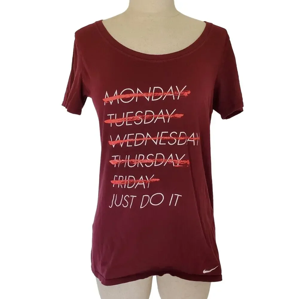The Nike Tee Shirt Women Small Athletic Cut T-Shirt Maroon Just Do It Athleisure
